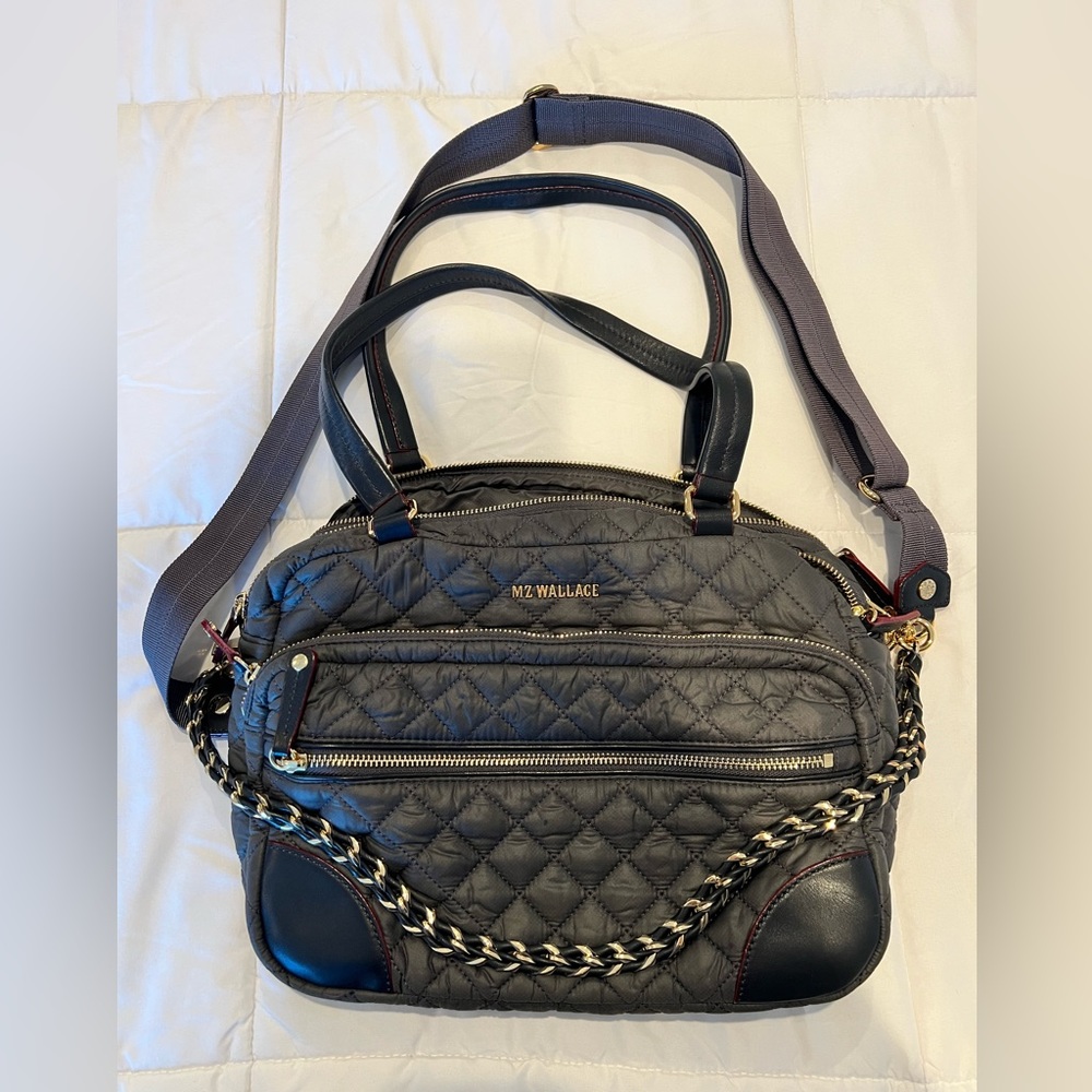 MZ Wallace Magnet Quilted Crosby crossbody with leather trim and gold metal.